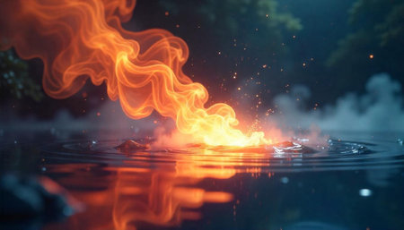Fiery explosion over water surface, sparks and reflectionsの写真素材