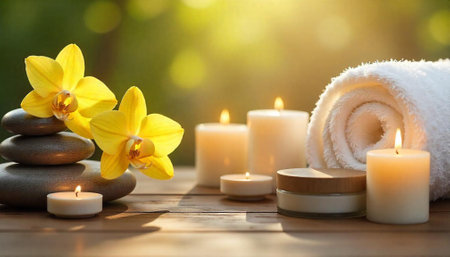 Orchid blossoms, candles, and spa towel for relaxationの写真素材