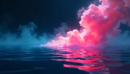 Dreamlike ocean landscape with pink clouds reflecting on water