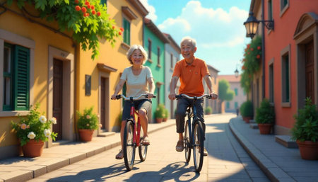 Senior couple biking through a colorful European streetの写真素材