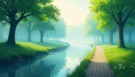 Peaceful River Path Through Forest Landscape with Sunlight