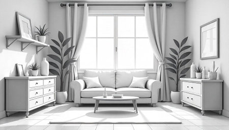 Minimalist monochrome living room with bright window and plants