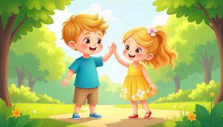 Cartoon boy and girl high-fiving in a parkの写真素材