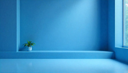 Blue monochrome room interior with sunlight and houseplantの写真素材