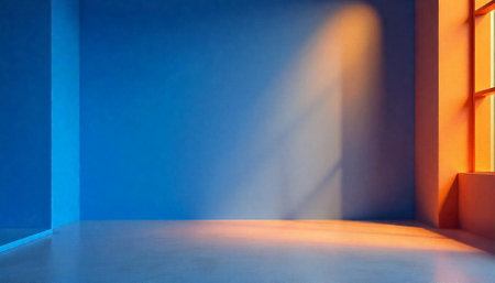 Blue room with sunlight through window casting long shadowの写真素材