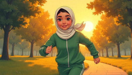 Cartoon girl jogging in the park during golden hourの写真素材