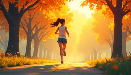 Woman running on path under golden autumn trees