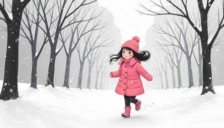 Young girl runs in a winter forest scene illustrationの写真素材