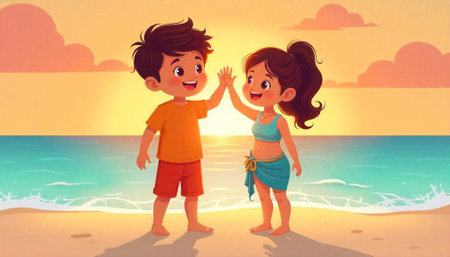 Children High Five on Beach at Sunset Illustrationの写真素材