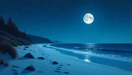 Night beach scene with full moon over the oceanの写真素材