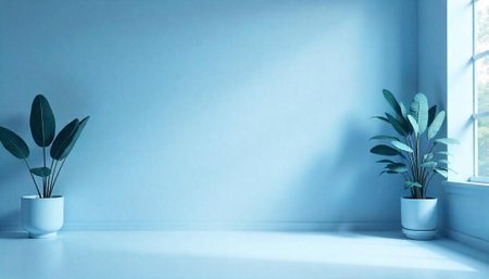 Blue studio interior with plants for product presentation mockupsの写真素材