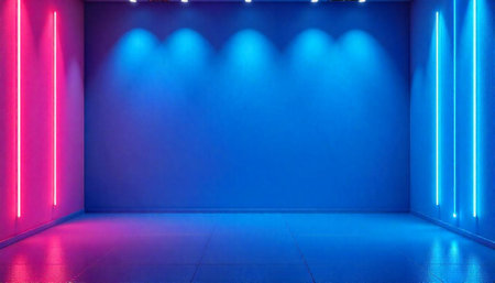 Illuminated room featuring dynamic pink and blue neon lights