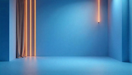 Modern blue room with neon lighting and curtain accentの写真素材