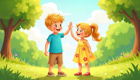 Children high five in a sunny park illustrationの写真素材