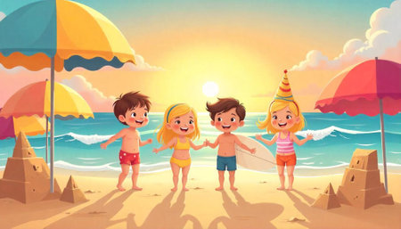 Cartoon children playing on the beach at sunset illustrationの写真素材