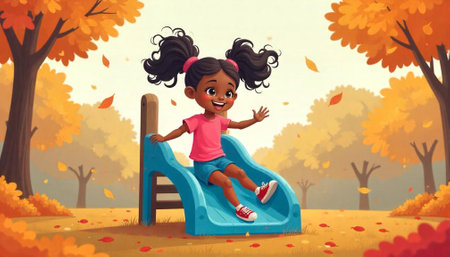 Cartoon girl sliding on slide in autumn park sceneの写真素材