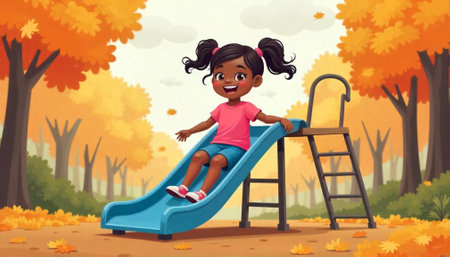 Girl playing on slide in autumn park illustrationの写真素材