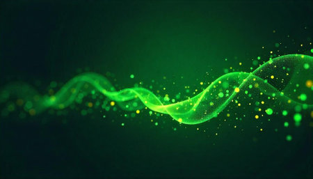Green flowing wave with illuminated particles abstract backgroundの写真素材