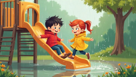Cheerful Children Playing on Slide in Rainy Weatherの写真素材