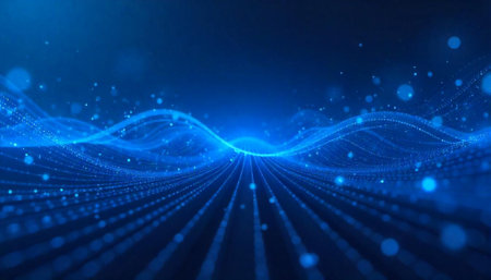 Abstract blue network wave with glowing particle data stream