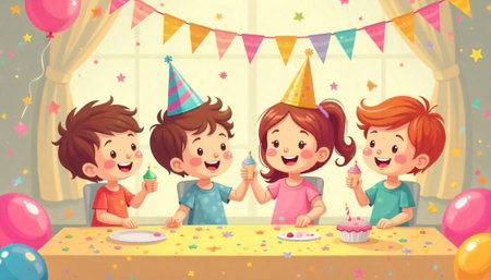 Cartoon style kids birthday party illustration with cupcakesの写真素材