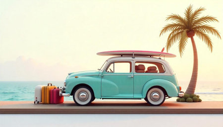 Turquoise car with surfboard and suitcases at the beach