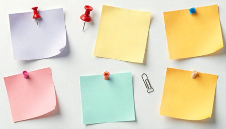Colorful sticky notes attached with pushpins on white background