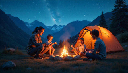 Family Camping by Bonfire Under Starry Sky Nightの写真素材