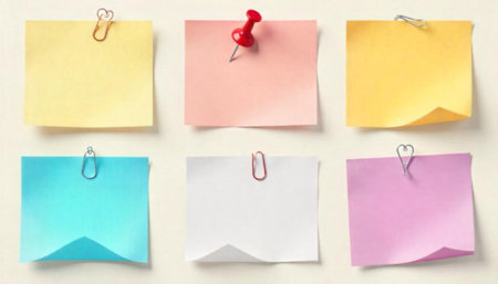 Colorful Sticky Notes Arranged Neatly on a Neutral Backgroundの写真素材