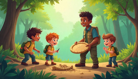 Cartoon style kids archaeology discovery in the green forestの写真素材