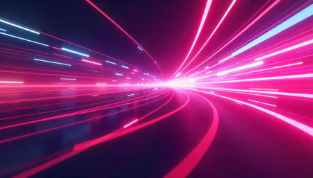 Neon light trails speed towards bright center perspective viewの写真素材