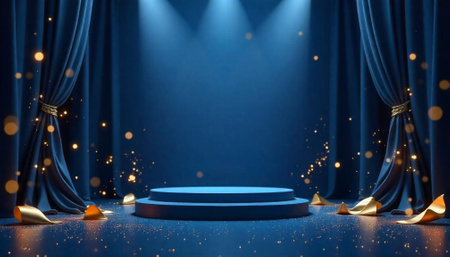 Elegant blue stage with curtains and golden glitter accentsの写真素材