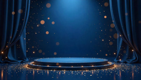 Elegant blue stage with curtains and bokeh lights backdrop