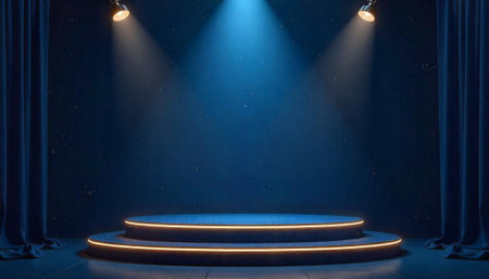 Blue stage with lights and curtains background studio shotの写真素材