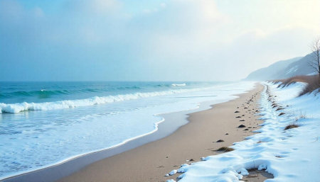 Snowy beach landscape with ocean waves and sandy shoreの写真素材