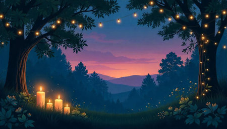 Enchanted forest scene with candles and string lightsの写真素材