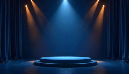 Stage with spotlights and blue curtains for presentation backdropの写真素材