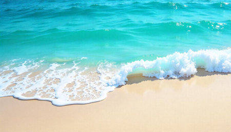 Turquoise ocean wave lapping on sandy beach shoresの写真素材