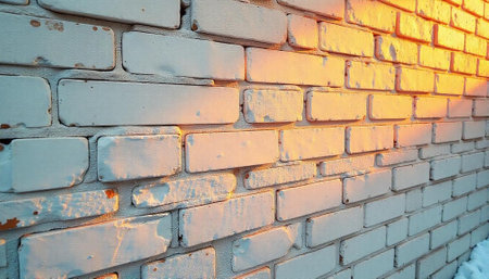 Brick Wall Painted White with Golden Sunlight Perspective Viewの写真素材
