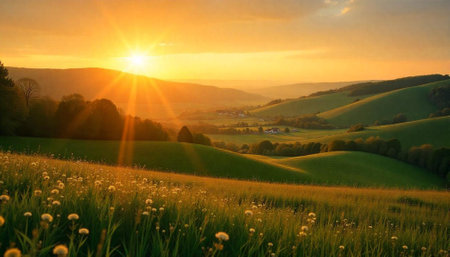 Idyllic golden hour countryside landscape with fields and hillsの写真素材