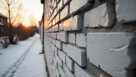Winter sunrise reflects on a painted brick wallの写真素材