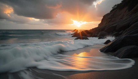 Dramatic seascape at sunset with waves and rocky shore