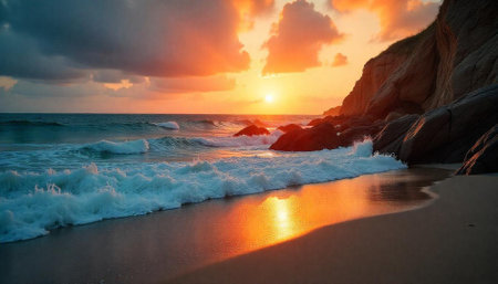 Warm golden sunset on a rocky beach landscape sceneの写真素材