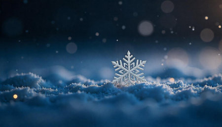 Single snowflake resting on snow against a dark blue backdropの写真素材