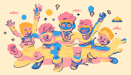 Vibrant illustration of diverse people celebrating together outdoorsの写真素材