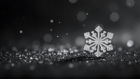 Close-up monochrome snowflake against blurred background, glitter and bokehの写真素材