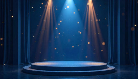 Blue stage with curtains and spotlight for product promotionの写真素材