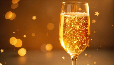 Golden champagne glass with star confetti on a bokeh background