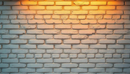 Textured white brick wall with warm lighting at the topの写真素材