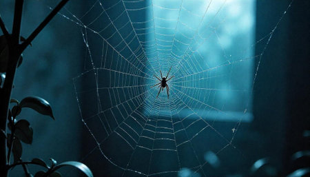 Spider weaves intricate web against a moody blue backdropの写真素材